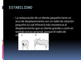 ESTABILIDAD
 La restauración de un diente pequeño tiene un

arco de desplazamiento con un radio de rotación
pequeño la cual ofrecerá más resistencia al
desplazamiento que un diente grande y corto en
sentido ocluso gingival, porque el radio de
rotación es mayor.

 