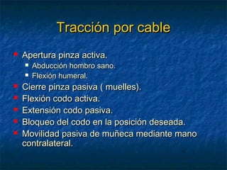 Tracción por cable


Apertura pinza activa.









Abducción hombro sano.
Flexión humeral.

Cierre pinza pasiva ( muelles).
Flexión codo activa.
Extensión codo pasiva.
Bloqueo del codo en la posición deseada.
Movilidad pasiva de muñeca mediante mano
contralateral.

 