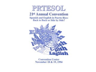 1987President: Madeline HaddersUniversity of Puerto RicoPRTESOL Convention: Condado Convention CenterTheme: Working TogetherHosted the Third Caribbean Regional ConferenceDedicated to the Secretaries of the of Department of EducationKeynote Speakers: John Oller, Jean Zukowski-Faust, Leslie Ford and John DennisOne week Summer Institute on Critical Thinking, Expository Writing, Learning DisabilitiesUniversity of Puerto Rico, Bayamón.