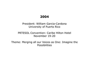 1998President: Marie Elaine AloiseDepartment of EducationPRTESOL Convention: San Juan Grand Beach Resort,  Isla Verde Nov 20-21Theme: Recalling the Past to Gain Insight to the FutureKeynote Speakers: Dr. Miriam Eisenstein- Ebsworth and Dr. Mary Ann ChristsonSummer Institute:Lifetime Achievement Award was established and awarded to  Dr. YldaFarré.
