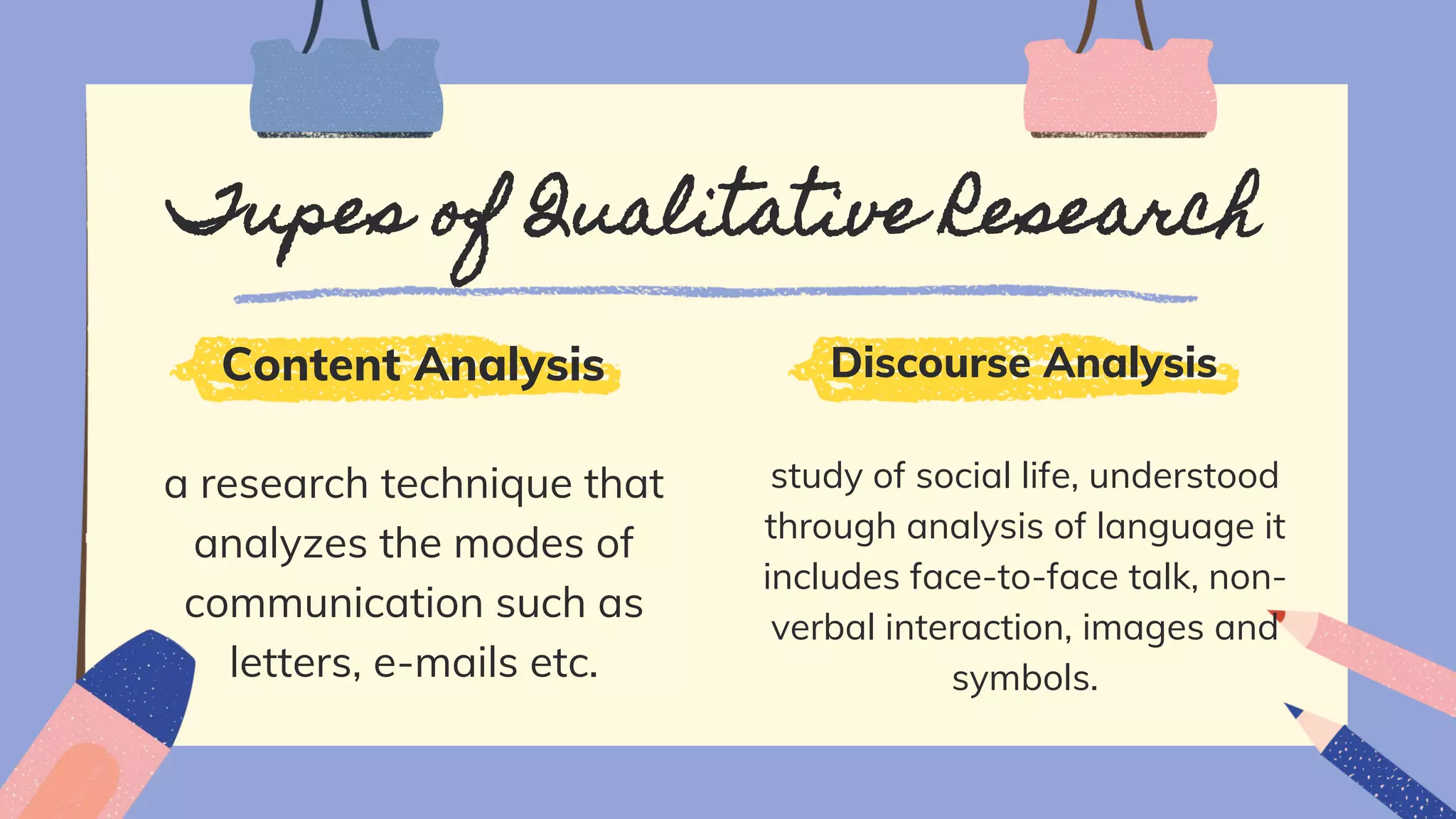 Tupes of Qualitative Research
Content Analysis
a research technique that
analyzes the modes of
communication such as
letters, e-mails etc.
Discourse Analysis
study of social life, understood
through analysis of language it
includes face-to-face talk, non-
verbal interaction, images and
symbols.
 