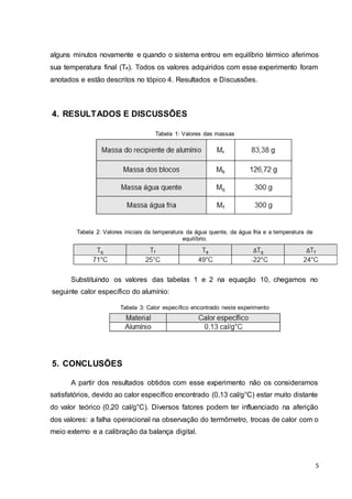5
alguns minutos novamente e quando o sistema entrou em equilíbrio térmico aferimos
sua temperatura final (Te). Todos os valores adquiridos com esse experimento foram
anotados e estão descritos no tópico 4. Resultados e Discussões.
4. RESULTADOS E DISCUSSÕES
Tabela 1: Valores das massas
Tabela 2: Valores iniciais da temperatura da água quente, da água fria e a temperatura de
equilíbrio.
Substituindo os valores das tabelas 1 e 2 na equação 10, chegamos no
seguinte calor específico do alumínio:
Tabela 3: Calor específico encontrado neste experimento
5. CONCLUSÕES
A partir dos resultados obtidos com esse experimento não os consideramos
satisfatórios, devido ao calor específico encontrado (0,13 cal/g°C) estar muito distante
do valor teórico (0,20 cal/g°C). Diversos fatores podem ter influenciado na aferição
dos valores: a falha operacional na observação do termômetro, trocas de calor com o
meio externo e a calibração da balança digital.
 