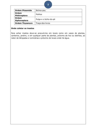 2

    Ordem Phasmida         Bichos-pau
    Ordem
                           Piolhos
    Phthiraptera
    Ordem
                           Pulga e o bicho-do-pé
    Siphonaptera
    Ordem Thysanura        Traça-dos-livros

Onde coletar os insetos

Para achar insetos deve-se procurá-los em locais como em vasos de plantas,
canteiros, jardins, e em qualquer parte de plantas, próximo de lixo ou detritos, ao
redor de lâmpadas e luminárias e próximo de locais onde há água.
 