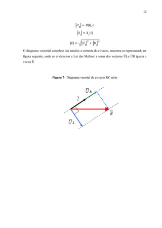 10
𝑈𝑅
| |= 𝑅 𝐼
| |, 𝑒
𝑈𝑐
| |= 𝑋𝑐
𝐼
| |
𝐸
| | = 𝑈𝑅
| |2
+ 𝑈𝑐
| |2
O diagrama vectorial completo das tensões e corrente do circuito, encontra-se representado na
figura seguinte, onde se evidenciou a Lei das Malhas: a soma dos vectores U
̅ Le U
̅ R iguala o
vector E
̅ .
Figura 7– Diagrama vetorial do circuito RC série
 