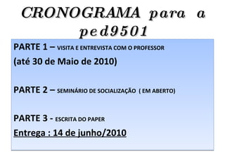 CRONOGRAMA  para  a ped9501 PARTE 1 –  VISITA E ENTREVISTA COM O PROFESSOR (até 30 de Maio de 2010) PARTE 2 –  SEMINÁRIO DE SOCIALIZAÇÃO  ( EM ABERTO) PARTE 3 -  ESCRITA DO PAPER Entrega : 14 de junho/2010 