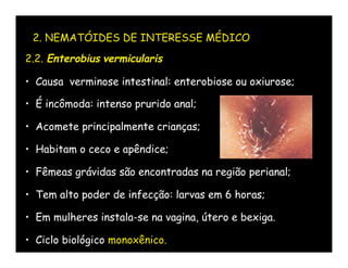 2. NEMATÓIDES DE INTERESSE MÉDICO
2.2. Enterobius vermicularis

• Causa verminose intestinal: enterobiose ou oxiurose;

• É incômoda: intenso prurido anal;

• Acomete principalmente crianças;

• Habitam o ceco e apêndice;

• Fêmeas grávidas são encontradas na região perianal;

• Tem alto poder de infecção: larvas em 6 horas;

• Em mulheres instala-se na vagina, útero e bexiga.

• Ciclo biológico monoxênico.
 