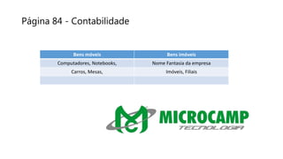 Página 84 - Contabilidade
Bens móveis Bens imóveis
Computadores, Notebooks, Nome Fantasia da empresa
Carros, Mesas, Imóveis, Filiais
 