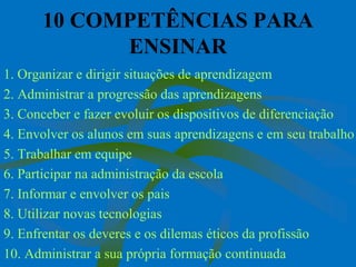 10 COMPETÊNCIAS PARA
            ENSINAR
1. Organizar e dirigir situações de aprendizagem
2. Administrar a progressão das aprendizagens
3. Conceber e fazer evoluir os dispositivos de diferenciação
4. Envolver os alunos em suas aprendizagens e em seu trabalho
5. Trabalhar em equipe
6. Participar na administração da escola
7. Informar e envolver os pais
8. Utilizar novas tecnologias
9. Enfrentar os deveres e os dilemas éticos da profissão
10. Administrar a sua própria formação continuada
 