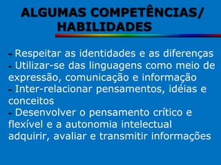 ALGUMAS COMPETÊNCIAS/
      HABILIDADES

- Respeitar as identidades e as diferenças
- Utilizar-se das linguagens como meio de
expressão, comunicação e informação
- Inter-relacionar pensamentos, idéias e
conceitos
- Desenvolver o pensamento crítico e
flexível e a autonomia intelectual
adquirir, avaliar e transmitir informações
 