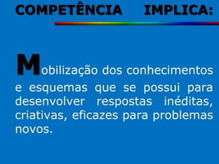 COMPETÊNCIA           IMPLICA:



Mobilização dos conhecimentos
e esquemas que se possui para
desenvolver respostas inéditas,
criativas, eficazes para problemas
novos.
 