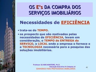 OS  E’s  DA COMPRA DOS SERVIÇOS IMOBILIÁRIOS Necessidades de  EFICIÊNCIA trata-se do  TEMPO .  os  prospects  que são motivados pelas necessidades de  EFICIÊNCIA , levam em consideração, o  TEMPO de ENTREGA   do SERVIÇO , o  LOCAL  onde a empresa o fornece e a  TECNOLOGIA  necessária para a pesquisa das soluções imobiliárias.  Professor ÁLVARO MONTEIRO, Ph.D.  Educação Executiva  In Company   SEMINÁRIOS PARA PROFISSIONAIS IMOBILIÁRIOS  