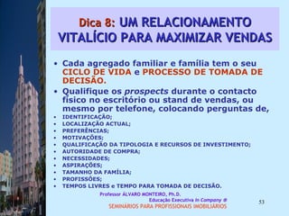 Dica 8:  UM RELACIONAMENTO VITALÍCIO PARA MAXIMIZAR VENDAS Cada agregado familiar e família tem o seu  CICLO DE VIDA  e  PROCESSO DE TOMADA DE DECISÃO.  Qualifique os  prospects  durante o contacto físico no escritório ou stand de vendas, ou mesmo por telefone, colocando perguntas de, IDENTIFICAÇÃO;  LOCALIZAÇÃO ACTUAL; PREFERÊNCIAS;  MOTIVAÇÕES;  QUALIFICAÇÃO DA TIPOLOGIA E RECURSOS DE INVESTIMENTO;  AUTORIDADE DE COMPRA;  NECESSIDADES;  ASPIRAÇÕES;  TAMANHO DA FAMÍLIA;  PROFISSÔES;  TEMPOS LIVRES e TEMPO PARA TOMADA DE DECISÃO.  Professor ÁLVARO MONTEIRO, Ph.D.  Educação Executiva  In Company   SEMINÁRIOS PARA PROFISSIONAIS IMOBILIÁRIOS  