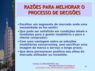 RAZÕES PARA MELHORAR O PROCESSO DE DECISÕES Escolher um segmento de mercado onde uma necessidade se faz sentir;  Que pode ser satisfeita em condições ideais e imediatas para o gestor imobiliário e para o cliente comprador;  Com uma vantagem sobre as soluções imobiliárias concorrentes, sem sacrificar uma imagem de marca e serviço a longo prazo;  Que deve permanecer positiva aos olhos do mercado utilizador ou investido.  Professor ÁLVARO MONTEIRO, Ph.D.  Educação Executiva  In Company   SEMINÁRIOS PARA PROFISSIONAIS IMOBILIÁRIOS  