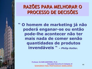 RAZÕES PARA MELHORAR O PROCESSO DE DECISÕES “  O homem de marketing já não poderá enganar-se ou então pode-lhe acontecer não ter mais nada de comer senão quantidades de produtos invendáveis “  – Philip Kotler.  Professor ÁLVARO MONTEIRO, Ph.D.  Educação Executiva  In Company   SEMINÁRIOS PARA PROFISSIONAIS IMOBILIÁRIOS  
