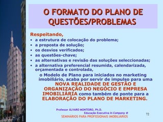 O FORMATO DO PLANO DE QUESTÕES/PROBLEMAS   Respeitando,  a estrutura de colocação do problema;  a proposta de solução;  os desvios verificados;  as questões-chave;  as alternativas e revisão das soluções seleccionadas;  a alternativa preferencial resumida, calendarizada, orçamentada e controlada,  o Modelo de Plano para iniciados no marketing imobiliário, acaba por servir de impulso para uma  NOVA REALIDADE DE GESTÃO E ORGANIZAÇÃO DO   NEGÓCIO E EMPRESA IMOBILIÁRIA  como também de ponte para a  ELABORAÇÃO DO PLANO DE MARKETING.  Professor ÁLVARO MONTEIRO, Ph.D.  Educação Executiva  In Company   SEMINÁRIOS PARA PROFISSIONAIS IMOBILIÁRIOS  