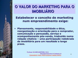 O VALOR DO MARKETING PARA O IMOBILIÁRIO   Estabelecer o conceito de marketing num empreendimento exige:  Planeamento, responsabilidade e ética, reorganização e orientação para o comprador, comunicação e persuasão, serviço e acompanhamento pós-venda, traduzido numa relação vitalícia – uma participação redobrada da imobiliária para um resultado a longo prazo.  Professor ÁLVARO MONTEIRO, Ph.D.  Educação Executiva  In Company   SEMINÁRIOS PARA PROFISSIONAIS IMOBILIÁRIOS  