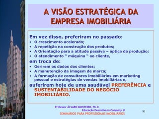 A VISÃO ESTRATÉGICA DA EMPRESA IMOBILIÁRIA Em vez disso, preferiram no passado:  O crescimento acelerado;  A repetição na construção dos produtos;  A Orientação para a atitude passiva – óptica da produção;  O atendimento “ máquina “ ao cliente,  em troca de:  Gerirem os dados dos clientes;  A manutenção da imagem de marca;  A formação de consultores imobiliários em marketing pessoal e estratégias de vendas imobiliárias e,  auferirem hoje de uma saudável  PREFERÊNCIA  e  SUSTENTABILIDADE DO NEGÓCIO IMOBILIÁRIO.  Professor ÁLVARO MONTEIRO, Ph.D.  Educação Executiva  In Company   SEMINÁRIOS PARA PROFISSIONAIS IMOBILIÁRIOS  