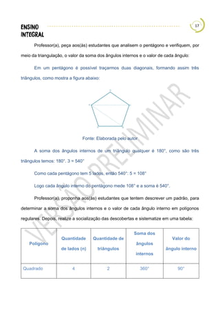 17
Professor(a), peça aos(às) estudantes que analisem o pentágono e verifiquem, por
meio da triangulação, o valor da soma dos ângulos internos e o valor de cada ângulo:
Em um pentágono é possível traçarmos duas diagonais, formando assim três
triângulos, como mostra a figura abaixo:
Fonte: Elaborada pelo autor
A soma dos ângulos internos de um triângulo qualquer é 180°, como são três
triângulos temos: 180°. 3 = 540°
Como cada pentágono tem 5 lados, então 540°: 5 = 108°
Logo cada ângulo interno do pentágono mede 108° e a soma é 540°.
Professor(a), proponha aos(às) estudantes que tentem descrever um padrão, para
determinar a soma dos ângulos internos e o valor de cada ângulo interno em polígonos
regulares. Depois, realize a socialização das descobertas e sistematize em uma tabela:
Polígono
Quantidade
de lados (n)
Quantidade de
triângulos
Soma dos
ângulos
internos
Valor do
ângulo interno
Quadrado 4 2 360° 90°
 