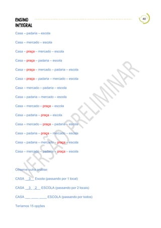 40
Casa – padaria – escola
Casa – mercado – escola
Casa – praça – mercado – escola
Casa – praça – padaria – escola
Casa – praça – mercado – padaria – escola
Casa – praça – padaria – mercado – escola
Casa – mercado – padaria – escola
Casa – padaria – mercado – escola
Casa – mercado – praça – escola
Casa – padaria – praça – escola
Casa – mercado – praça – padaria – escola
Casa – padaria – praça – mercado – escola
Casa – padaria – mercado – praça – escola
Casa – mercado – padaria – praça – escola
Observe outra análise:
CASA __3__ Escola (passando por 1 local)
CASA __3_ _2__ ESCOLA (passando por 2 locais)
CASA ___ ____ ____ ESCOLA (passando por todos)
Teríamos 15 opções
 