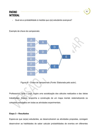 45
- Qual era a probabilidade à medida que o(a) estudante avançava?
Exemplo de chave de campeonato:
Figura 8 – Chave de campeonato (Fonte: Elaborada pelo autor).
Professor(a), após o jogo, sugira uma socialização dos cálculos realizados e das ideias
trabalhadas. Depois, proponha a construção de um mapa mental, sistematizando os
conceitos estudados em todas as atividades experimentais.
Etapa 3 – Resultados
Espera-se que os(as) estudantes, ao desenvolverem as atividades propostas, consigam
desenvolver as habilidades de saber calcular probabilidades de eventos em diferentes
 