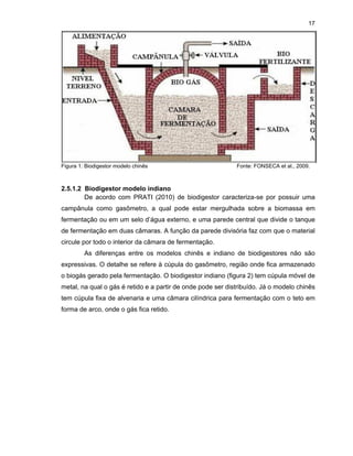 17

Figura 1: Biodigestor modelo chinês

Fonte: FONSECA et al., 2009.

2.5.1.2 Biodigestor modelo indiano
De acordo com PRATI (2010) de biodigestor caracteriza-se por possuir uma
campânula como gasômetro, a qual pode estar mergulhada sobre a biomassa em
fermentação ou em um selo d’água externo, e uma parede central que divide o tanque
de fermentação em duas câmaras. A função da parede divisória faz com que o material
circule por todo o interior da câmara de fermentação.
As diferenças entre os modelos chinês e indiano de biodigestores não são
expressivas. O detalhe se refere à cúpula do gasômetro, região onde fica armazenado
o biogás gerado pela fermentação. O biodigestor indiano (figura 2) tem cúpula móvel de
metal, na qual o gás é retido e a partir de onde pode ser distribuído. Já o modelo chinês
tem cúpula fixa de alvenaria e uma câmara cilíndrica para fermentação com o teto em
forma de arco, onde o gás fica retido.

 