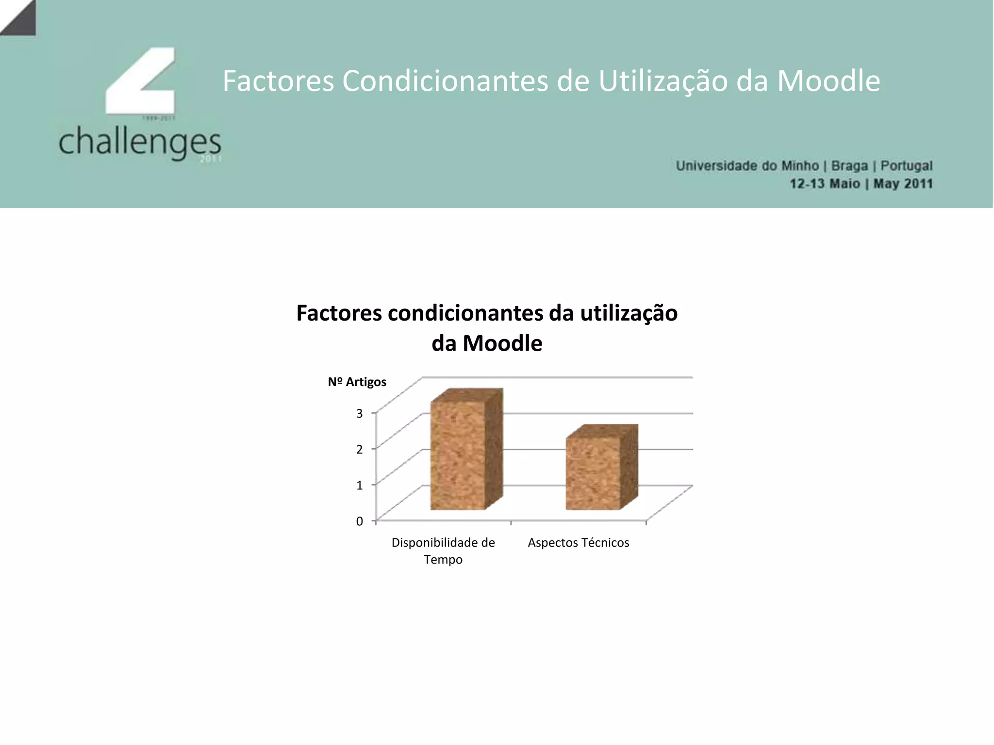 Contextos de Utilização da MoodleQuanto à formação de professores trata-se de contextos de formação inicial, contínua ou pós-graduada de professoresNo apoio às aulas presenciais alterando as metodologias e redimensionando o papel do aluno e do professor em assistência virtual e complemento às aulas presenciaisA Moodle usada num sistema b-learning  ajuda a quebrar o conceito da aprendizagem do aluno apenas dentro da sala de aula e com a presença de um tutor ou professor.Quanto ao “contexto não lectivo” inseridas em aspectos administrativos e de gestão da escola identificando como exemplo a existência de departamentos que utilizam o Moodle como base de comunicação, gestão e arquivo de documentos.