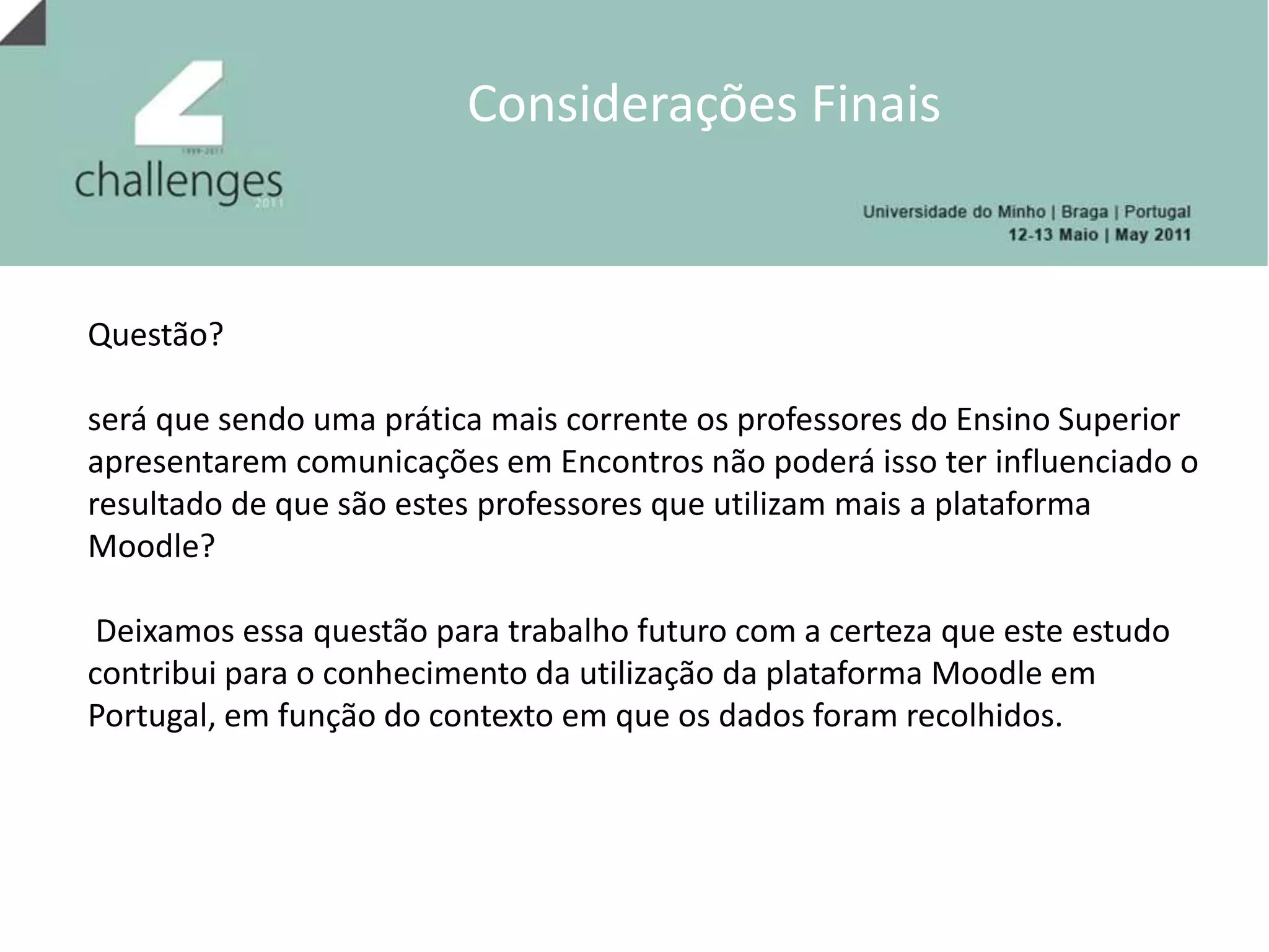 Perspectivas associadas à utilização da Moodle