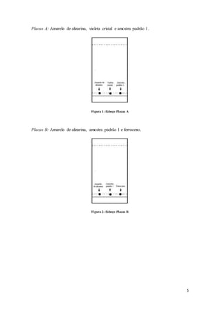 5
Placas A: Amarelo de alizarina, violeta cristal e amostra padrão 1.
Figura 1: Esboço Placas A
Placas B: Amarelo de alizarina, amostra padrão 1 e ferroceno.
Figura 2: Esboço Placas B
 