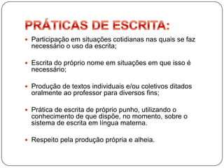  Participação em situações cotidianas nas quais se faz
  necessário o uso da escrita;

 Escrita do próprio nome em situações em que isso é
  necessário;

 Produção de textos individuais e/ou coletivos ditados
  oralmente ao professor para diversos fins;

 Prática de escrita de próprio punho, utilizando o
  conhecimento de que dispõe, no momento, sobre o
  sistema de escrita em língua materna.

 Respeito pela produção própria e alheia.
 