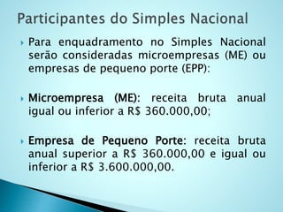  Para enquadramento no Simples Nacional
serão consideradas microempresas (ME) ou
empresas de pequeno porte (EPP):
 Microempresa (ME): receita bruta anual
igual ou inferior a R$ 360.000,00;
 Empresa de Pequeno Porte: receita bruta
anual superior a R$ 360.000,00 e igual ou
inferior a R$ 3.600.000,00.
 