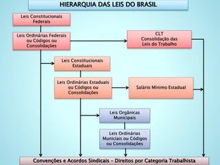 Leis Constitucionais
Federais
Leis Ordinárias Federais
ou Códigos ou
Consolidações
Leis Constitucionais
Estaduais
Leis Ordinárias Estaduais
ou Códigos ou
Consolidações
Leis Orgânicas
Municipais
Leis Ordinárias
Municiais ou Códigos
ou Consolidações
HIERARQUIA DAS LEIS DO BRASIL
CLT
Consolidação das
Leis do Trabalho
Salário Mínimo Estadual
Convenções e Acordos Sindicais – Direitos por Categoria Trabalhista
 
