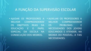 A FUNÇÃO DA SUPERVISÃO ESCOLAR
• AJUDAR OS PROFESSORES A
MELHOR COMPREENDEREM
OS OBJETIVOS REAIS DA
EDUCAÇÃO E O PAPEL
ESPECIAL DA ESCOLA NA
CONSECUÇÃO DOS MESMOS.
• AUXILIAR OS PROFESSORES A
MELHOR COMPREENDEREM
OS PROBLEMAS E
NECESSIDADES DOS JOVENS
EDUCANDOS E ATENDER, NA
MEDIDA DO POSSÍVEL, A TAIS
NECESSIDADES.
 