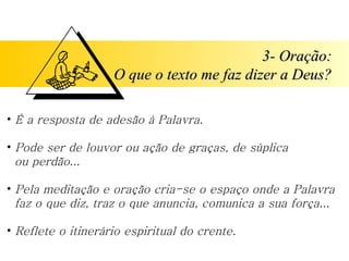 3- Oração:
                    O que o texto me faz dizer a Deus?

• É a resposta de adesão à Palavra.

• Pode ser de louvor ou ação de graças, de súplica
  ou perdão...

• Pela meditação e oração cria-se o espaço onde a Palavra
  faz o que diz, traz o que anuncia, comunica a sua força...

• Reflete o itinerário espiritual do crente.
 