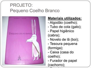 PROJETO:
Pequeno Coelho Branco
                Materiais utilizados:
                - Algodão (coelho);
                - Tubo de cola (galo);
                - Papel higiênico
                (cabra);
                - Novelo de lã (boi);
                - Tesoura pequena
                (formiga);
                - Caixa (casa do
                coelho);
                - Furador de papel
                (cachorro);
 