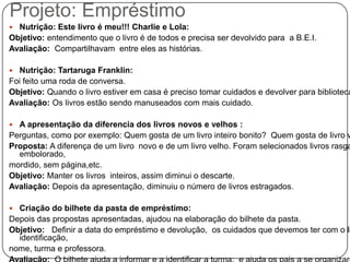 Projeto: Empréstimo
 Nutrição: Este livro é meu!!! Charlie e Lola:
Objetivo: entendimento que o livro é de todos e precisa ser devolvido para a B.E.I.
Avaliação: Compartilhavam entre eles as histórias.

 Nutrição: Tartaruga Franklin:
Foi feito uma roda de conversa.
Objetivo: Quando o livro estiver em casa é preciso tomar cuidados e devolver para biblioteca
Avaliação: Os livros estão sendo manuseados com mais cuidado.

 A apresentação da diferencia dos livros novos e velhos :
Perguntas, como por exemplo: Quem gosta de um livro inteiro bonito? Quem gosta de livro v
Proposta: A diferença de um livro novo e de um livro velho. Foram selecionados livros rasga
  embolorado,
mordido, sem página,etc.
Objetivo: Manter os livros inteiros, assim diminui o descarte.
Avaliação: Depois da apresentação, diminuiu o número de livros estragados.

 Criação do bilhete da pasta de empréstimo:
Depois das propostas apresentadas, ajudou na elaboração do bilhete da pasta.
Objetivo: Definir a data do empréstimo e devolução, os cuidados que devemos ter com o li
  identificação,
nome, turma e professora.
 