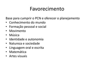 Favorecimento
Base para cumprir o PCN e oferecer o planejamento
• Conhecimento do mundo
• Formação pessoal e social
• Movimento
• Música
• Identidade e autonomia
• Natureza e sociedade
• Linguagem oral e escrita
• Matemática
• Artes visuais
 