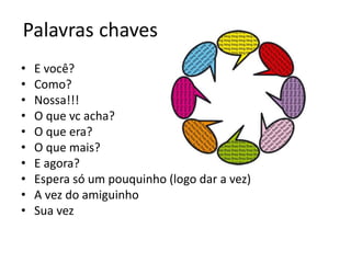 Palavras chaves
• E você?
• Como?
• Nossa!!!
• O que vc acha?
• O que era?
• O que mais?
• E agora?
• Espera só um pouquinho (logo dar a vez)
• A vez do amiguinho
• Sua vez
 