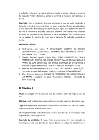 o barbante esticado e na mesma altura em todos os pontos; Marcar o tamanho
da maquete; Pintar o barbante; Utilizar o tamanho da maquete para construir a
escala.
Descrição: Com o barbante devemos contornar a sala de aula mantendo o
barbante esticado e na mesma altura em todos os pontos. Depois que esta etapa
estiver concluída, devemos pegar o barbante, que agora está do tamanho da sala
de aula, e contornar a maquete. Feito isso, pintamos com o canetão no barbante
a medida da maquete, então, dobramos a parte pintada em todo o barbante até
ele se acabar. O número de vezes que o barbante for dobrado resultará na
escala.
Referencial Teórico:
1. Mastrangelo, Ana Maria. A CONSTRUÇÃO COLETIVA DO CROQUI
GEOGRÁFICO EM SALA DE AULA. ( presente na pasta Referenciais Teóricos –
intitulado de Texto.I.Escala).
2. Oliveira, Raphael Figueira Chiote Alves. QUAIS CONCEITOS DE ESCALA
PRETENDEMOS ENSINAR NO ENSINO MÉDIO? UMA PROBLEMATIZAÇÃO A
PARTIR DE SUAS DEFINIÇÕES NOS LIVROS DIDÁTICOS DE GEOGRAFIA1. (
presente na pasta Referenciais Teóricos – intitulado de Texto.II.Escala).
3. Menezes, Paulo Márcio Leal. ESCALA: ESTUDO DE CONCEITOS E APLICAÇÕES.
( presente na pasta Referenciais Teóricos – intitulado de Texto.III.Escala).
4. Silva, Andressa Lourenço. ENSINAR OS PROFESSORES DOS ANOS INICIAIS A
LER MAPAS. ( presente na pasta Referenciais Teóricos – intitulado de
Texto.IV.Escala).
4) Atividade 4
Titulo: Orientação com desenho de rosa dos ventos a partir do mapa da sala de
aula.
Objetivo geral: localizar os pontos cardiais em relação à posição da sala de aula.
Objetivos específicos: Promover o conhecimento de onde o Sol nasce e se põe,
instigar o senso de localização no aluno.
Orientações Prévias: A atividade deve ser feita durante o dia e em um local onde
se possa ver a localização do Sol.
Descrição da atividade: O mapa, feito anteriormente, deve ser colocado na
mesma posição da sala de aula. Os alunos devem ser instigados a reconhecer a
 