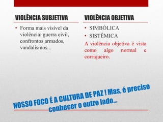 VIOLÊNCIA SUBJETIVA
• Forma mais visível da
violência: guerra civil,
confrontos armados,
vandalismos...
VIOLÊNCIA OBJETIVA
• SIMBÓLICA
• SISTÊMICA
A violência objetiva é vista
como algo normal e
corriqueiro.
 