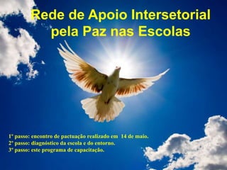 Rede de Apoio Intersetorial
pela Paz nas Escolas
1º passo: encontro de pactuação realizado em 14 de maio.
2º passo: diagnóstico da escola e do entorno.
3º passo: este programa de capacitação.
 