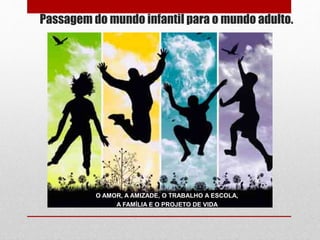 Passagem do mundo infantil para o mundo adulto.
O AMOR, A AMIZADE, O TRABALHO A ESCOLA,
A FAMÍLIA E O PROJETO DE VIDA
 