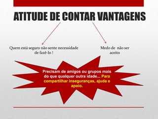 ATITUDE DE CONTAR VANTAGENS
Quem está seguro não sente necessidade
de fazê-lo !
Medo de não ser
aceito
Precisam de amigos ou grupos mais
do que qualquer outra idade... Para
compartilhar inseguranças, ajuda e
apoio.
 