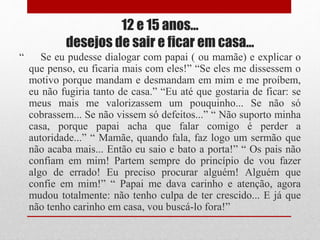 12 e 15 anos...
desejos de sair e ficar em casa...
“ Se eu pudesse dialogar com papai ( ou mamãe) e explicar o
que penso, eu ficaria mais com eles!” “Se eles me dissessem o
motivo porque mandam e desmandam em mim e me proíbem,
eu não fugiria tanto de casa.” “Eu até que gostaria de ficar: se
meus mais me valorizassem um pouquinho... Se não só
cobrassem... Se não vissem só defeitos...” “ Não suporto minha
casa, porque papai acha que falar comigo é perder a
autoridade...” “ Mamãe, quando fala, faz logo um sermão que
não acaba mais... Então eu saio e bato a porta!” “ Os pais não
confiam em mim! Partem sempre do princípio de vou fazer
algo de errado! Eu preciso procurar alguém! Alguém que
confie em mim!” “ Papai me dava carinho e atenção, agora
mudou totalmente: não tenho culpa de ter crescido... E já que
não tenho carinho em casa, vou buscá-lo fora!”
 