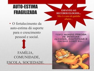 AUTO-ESTIMA
FRAGILIZADA
• O fortalecimento da
auto-estima dá suporte
para o crescimento
pessoal e social.
FAMÍLIA,
COMUNIDADE,
ESCOLA, SOCIEDADE.
ESPANTO AO
RECEBER ELOGIOS...
Não é o caso do gatinho
abaixo...
 