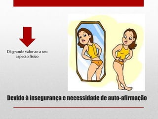 Devido à insegurança e necessidade de auto-afirmação
Dá grande valor ao a seu
aspecto físico
 