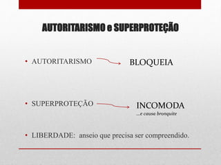 AUTORITARISMO e SUPERPROTEÇÃO
• AUTORITARISMO
• SUPERPROTEÇÃO
• LIBERDADE: anseio que precisa ser compreendido.
BLOQUEIA
INCOMODA
...e causa bronquite
 