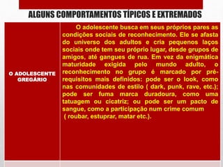 ALGUNS COMPORTAMENTOS TÍPICOS E EXTREMADOS
O ADOLESCENTE
GREGÁRIO
O adolescente busca em seus próprios pares as
condições sociais de reconhecimento. Ele se afasta
do universo dos adultos e cria pequenos laços
sociais onde tem seu próprio lugar, desde grupos de
amigos, até gangues de rua. Em vez da enigmática
maturidade exigida pelo mundo adulto, o
reconhecimento no grupo é marcado por pré-
requisitos mais definidos: pode ser o look, como
nas comunidades de estilo ( dark, punk, rave, etc.);
pode ser fuma marca duradoura, como uma
tatuagem ou cicatriz; ou pode ser um pacto de
sangue, como a participação num crime comum
( roubar, estuprar, matar etc.).
 
