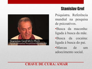 Stanislav Grof
Psiquiatra. Referência
mundial na pesquisa
de psicoativos.
•Busca da maconha:
ligada à busca da mãe.
•Busca da cocaína:
ligada à busca do pai.
•Marcas de um
adoecimento social.
CHAVE DE CURA: AMAR
 