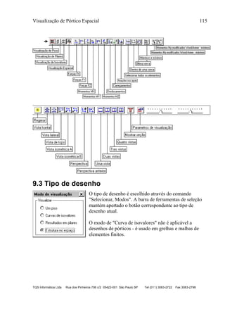 Visualização de Pórtico Espacial 115
TQS Informática Ltda Rua dos Pinheiros 706 c/2 05422-001 São Paulo SP Tel (011) 3083-2722 Fax 3083-2798
9.3 Tipo de desenho
O tipo de desenho é escolhido através do comando
"Selecionar, Modos". A barra de ferramentas de seleção
mantém apertado o botão correspondente ao tipo de
desenho atual.
O modo de "Curva de isovalores" não é aplicável a
desenhos de pórticos - é usado em grelhas e malhas de
elementos finitos.
 