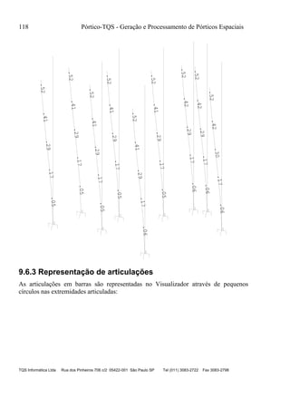 118 Pórtico-TQS - Geração e Processamento de Pórticos Espaciais
TQS Informática Ltda Rua dos Pinheiros 706 c/2 05422-001 São Paulo SP Tel (011) 3083-2722 Fax 3083-2798
.06
.05
.06
.05
.05
.05
.05
.06
.06
.17
.17
.17
.17
.17
.17
.17
.17
.17
.29
.29
.29
.29
.29
.29
.29
.30
.29
.41
.41
.42
.41
.41
.41
.41
.42
.42
.52
.52
.52
.52
.52
.52
.52
.52
.52
9.6.3 Representação de articulações
As articulações em barras são representadas no Visualizador através de pequenos
círculos nas extremidades articuladas:
 